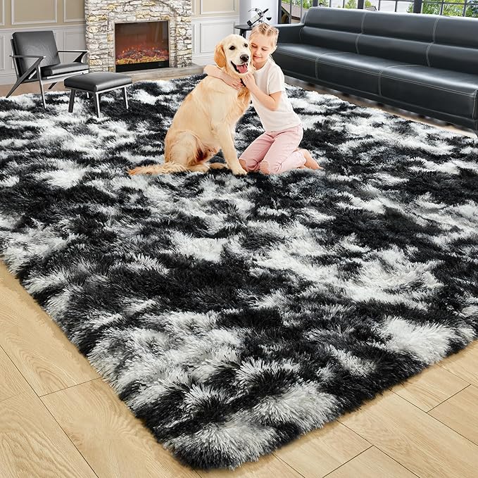 Noahas 4x6 Tie-Dyed Black and White Fluffy Area Rug Non-Slip by ModernHomeDecor