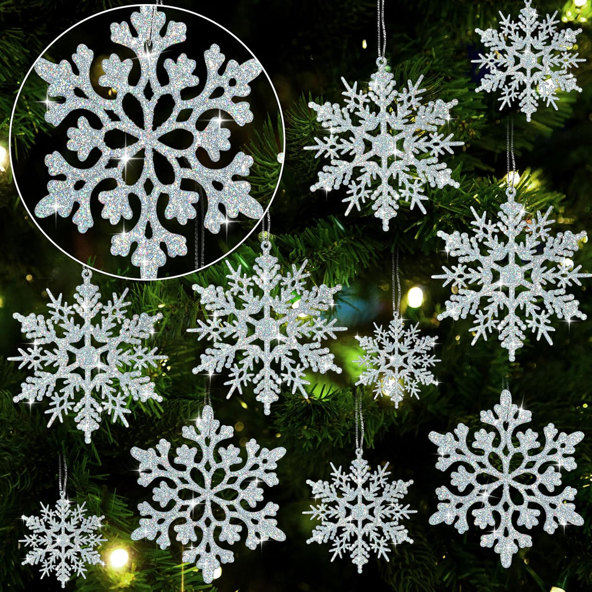 36pcs Iridescent Silver Christmas Snowflake Ornaments, Plastic Sparkling Glitter Hanging Snow Flakes for Christmas Tree Decorations Winter Wonderland Frozen Birthday Party Holiday Home Decor