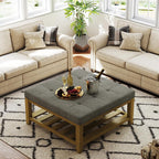Large Square Ottoman Coffee Table, Linen Solid Upholstered Footrest Ottoman with Solid Wood Shelf Storage Tufted Coffee Table for Bedroom Living Room, Granite