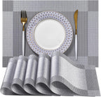 LEXMORE Placemats Set of 6 Vinyl/Plastic Woven Place Mats for Kitchen Table Indoor/Outdoor Washable Placemat Wipeable Dining Table Mats(Silver Cube)