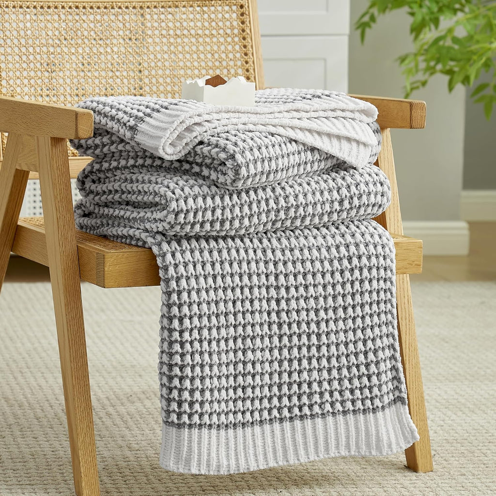 Amélie Home Chenille Waffle Throw Blanket for Couch, Reversible Pineapple Stitch Knit Soft Cozy Knit Blanket Lightweight Warm Decorative Throw for Sofa, Bed, Living Room, 50"x60", Grey&Ivory