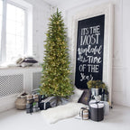 Fraser Hill Farm 6.5-Ft. Carmel Pine Slim Artificial Christmas Tree with White Incandescent Smart Lights and Stand, Prelit Foldable Fake Tree with Realistic Foliage for Home Decoration