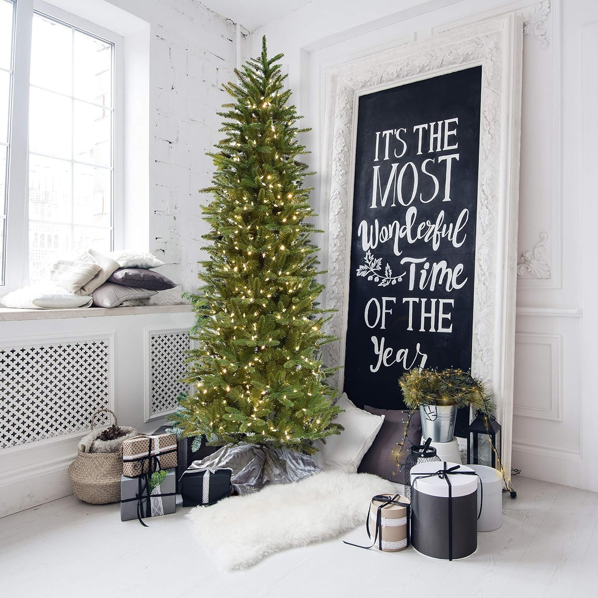 Fraser Hill Farm 9-Ft. Carmel Pine Slim Artificial Christmas Tree with Warm White LED Lights and Stand, Prelit Foldable Fake Tree with Realistic Foliage for Home Decoration