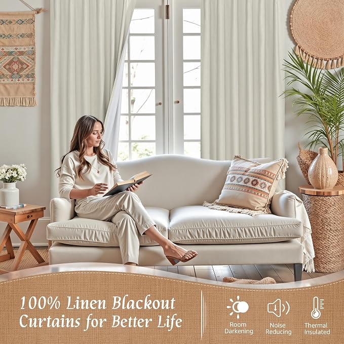 Natural 100% Blackout Linen Curtains 63 Inches - Image 3