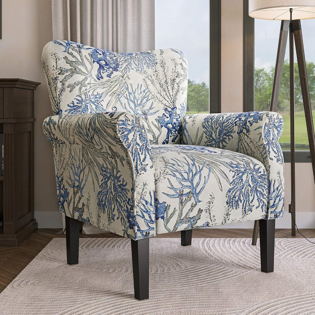 BELLEZE Modern Accent Chair for Living Room, High Back Linen Armchair with Wooden Legs, Upholstered Wingback Side Chair Padded Armrest Single Sofa for Living Room, Bedroom - Allston (Blue Coral)