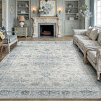 8x10 Light Blue Retro Floral Washable Area Rug by HUGEAR
