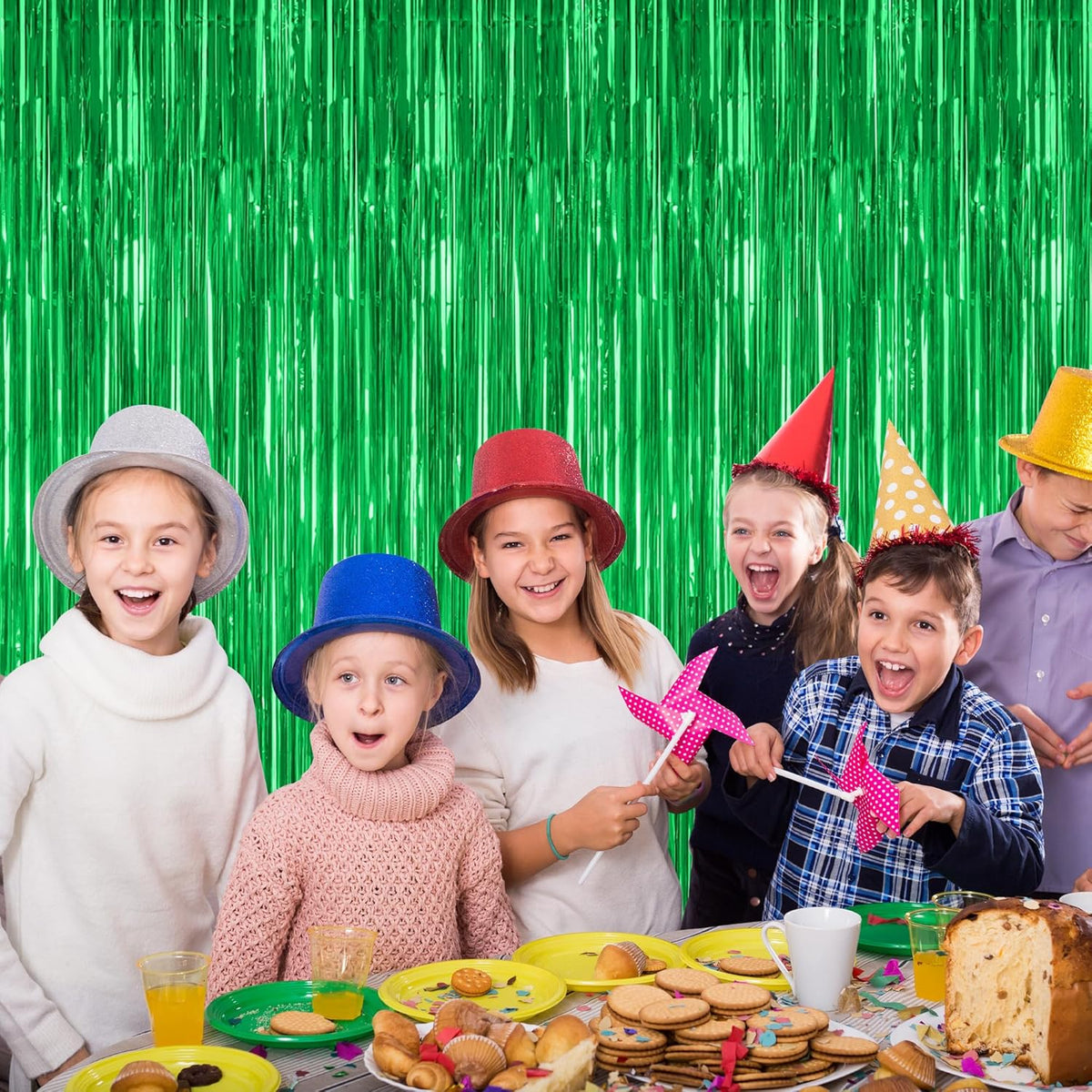 4 Pack Green Streamers, 3.28 FT x 7.05 FT Birthday Tinsel Backdrop, Metallic Green Foil Fringe Curtains Photo Booth Backdrop, Green Jungle Theme Decorations Birthday Decor
