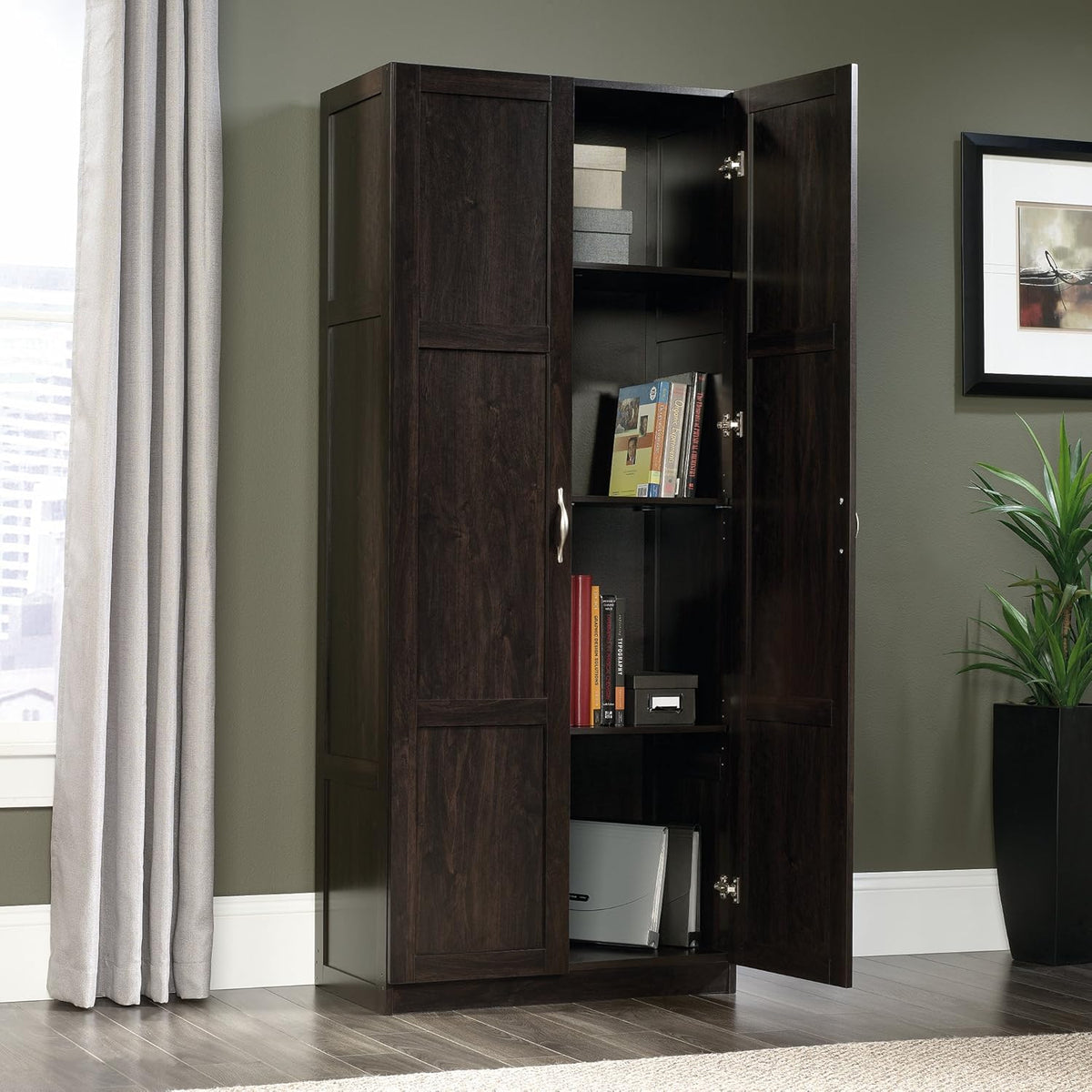 Sauder Storage Cabinet/ Pantry cabinets, 29.61 " x D: 16.02 " x H: 71.50", Cinnamon Cherry finish