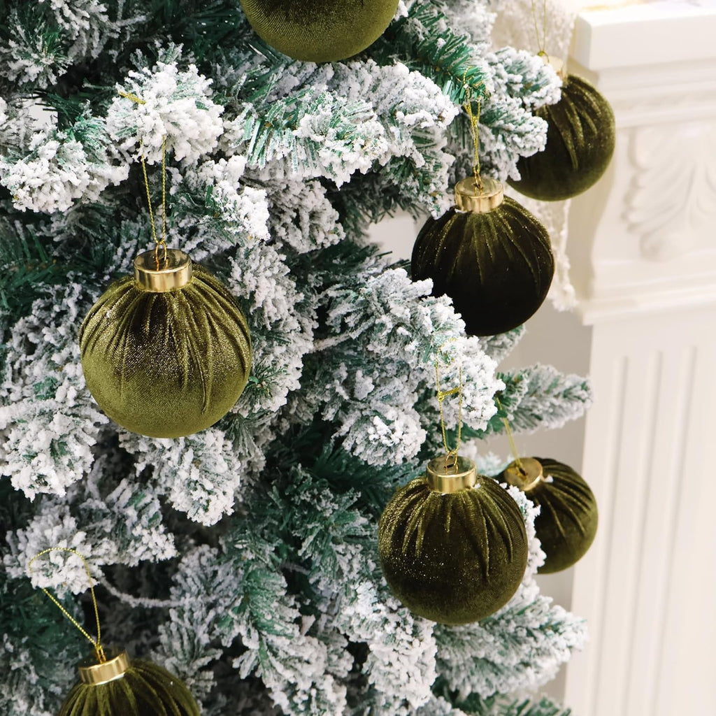 6inch Big Green Velvet Christmas Ornaments, 2pcs Flocked Ornaments Balls Sets for Christmas Tree Decorations
