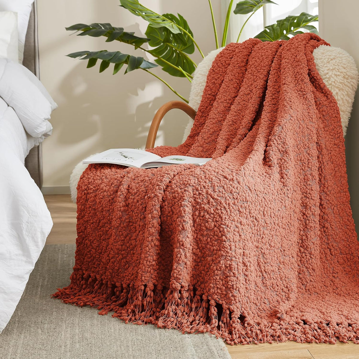 Amélie Home Knit Throw Blanket with Tassels for Couch, Luxury Boho Throw Blanket for Summer Orange, 50"x60"
