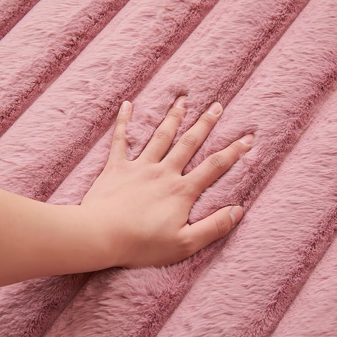 Dusty Rose Rabbit Striped Plush Rug 3'x5', Fluffy Faux Fur Shaggy Area Rug - Image 3