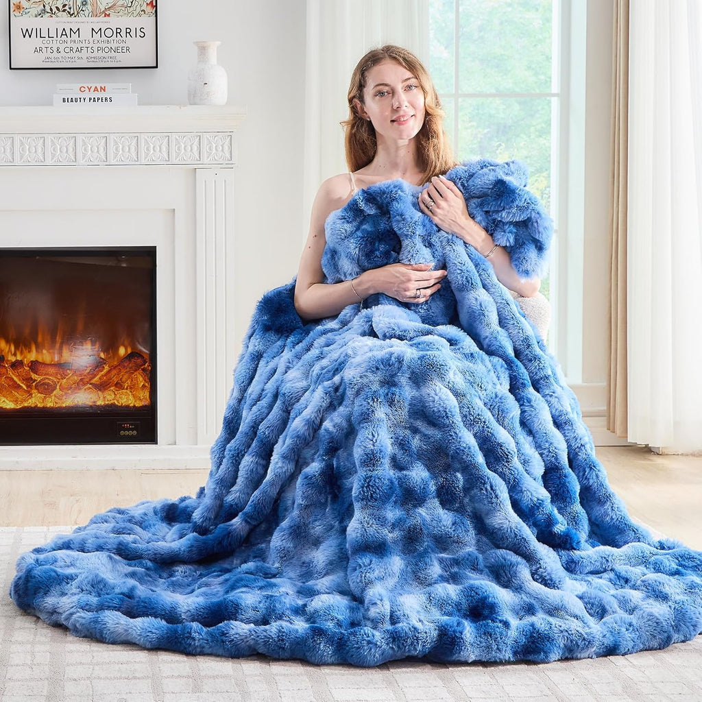 Lotus Karen Faux Fur Throw Blanket Tie-Dye Blue-Big Bubble Rabbit Fluff Blanket for Couch,Small Fluffy Fuzzy Cozy Blanket,Thick Furry Plush Shaggy Blankets,50x60 Inches