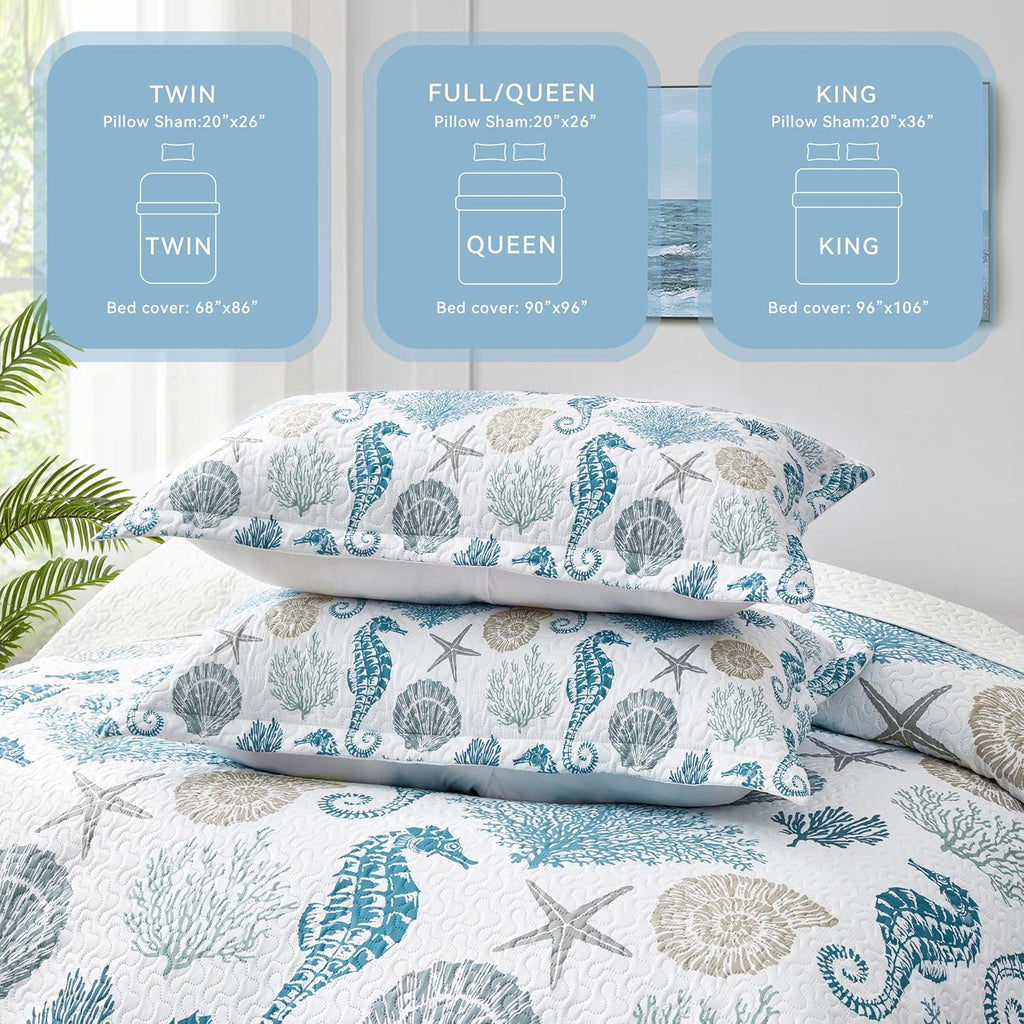 Coastal Bedding King Size Coastal Quilt with 2 Shams, Nautical Beach Comforter Sets Ocean Bedspreads Blue Seahorse Coverlet Summer Bedding, 96''x106''