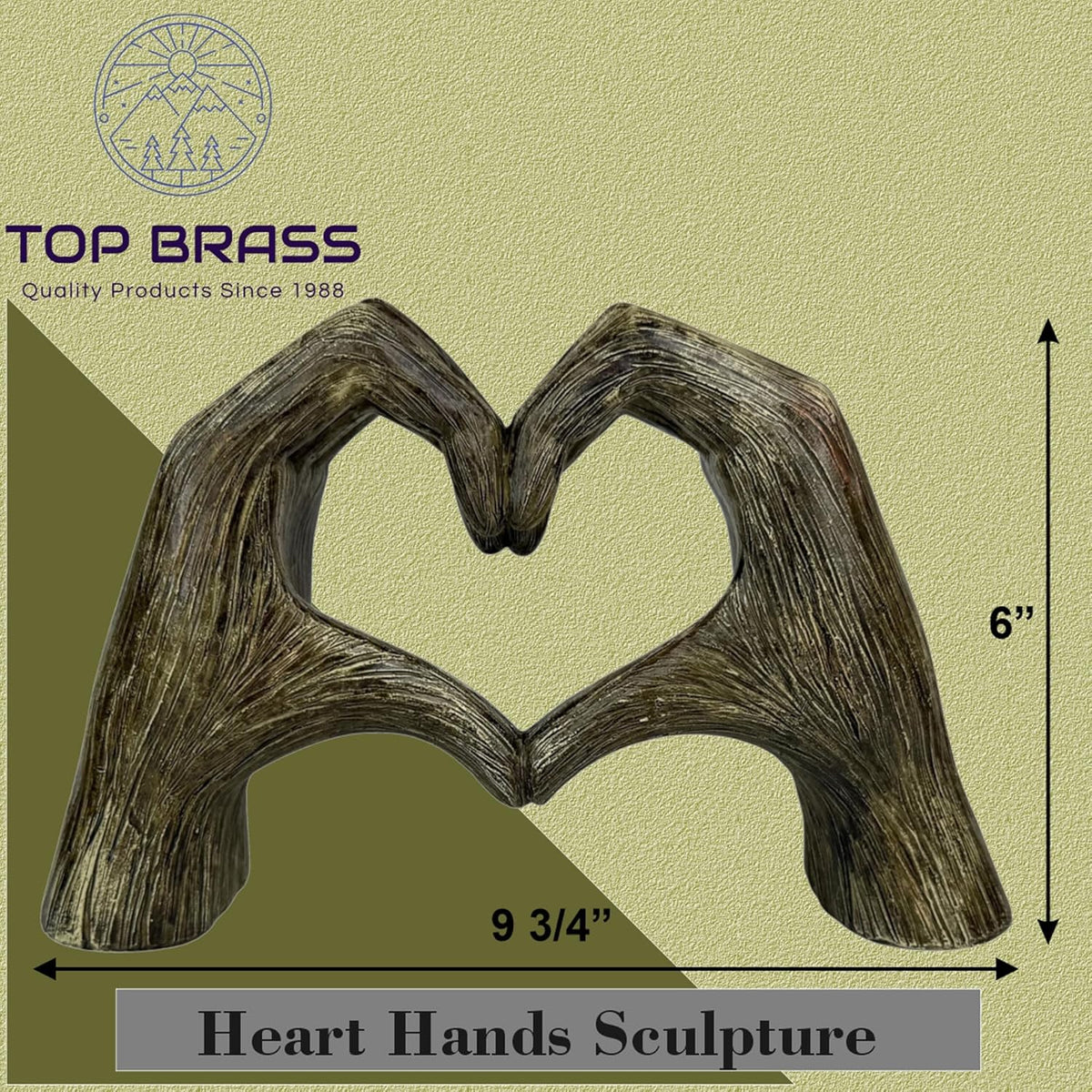 Top Brass Large Rustic Heart Hands Sculpture, 9 3/4” Resin Love Statue – Romantic Decor Accent for Shelf or Mantel – Perfect for Wedding, Valentine's Day or Anniversary (Rustic Wood Grain)