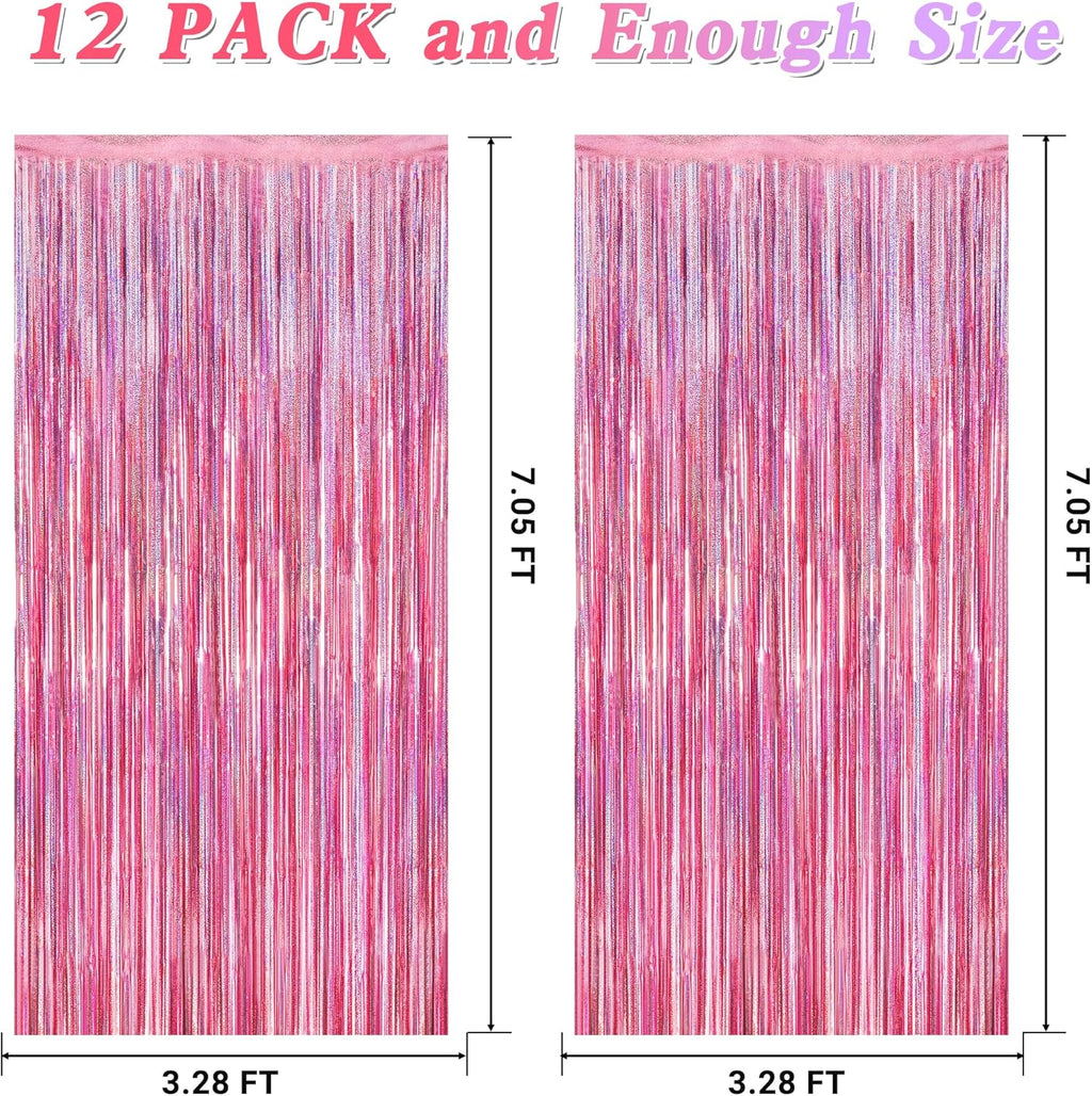 12 Pack Pink Backdrop, 3.28 FT x 7.05 FT Foil Streamers, Metallic Glitter Backdrop Pink Tinsel Fringe Curtains Party Streamers, Pink Birthday Party Decorations Photo Booth Props