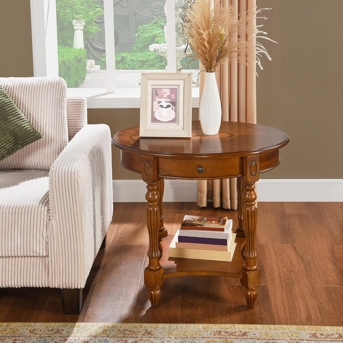 Solid Wood End Table with Drawer and Storage Shelf, Oval Sofa Side Table with Carved Legs, Living Room Corner Table, Large Beside Table, Elegant Vintage, No-Tools Assembly, Caramel Brown CJZ1533MG