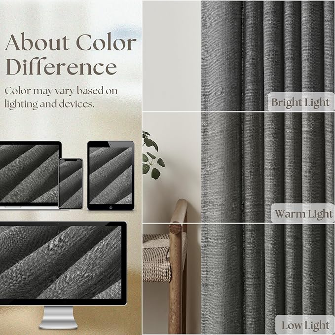 Charcoal Grey 84 Inch Pinch Pleated Linen Semi Sheer Curtains 2 Panel Set | - Image 4