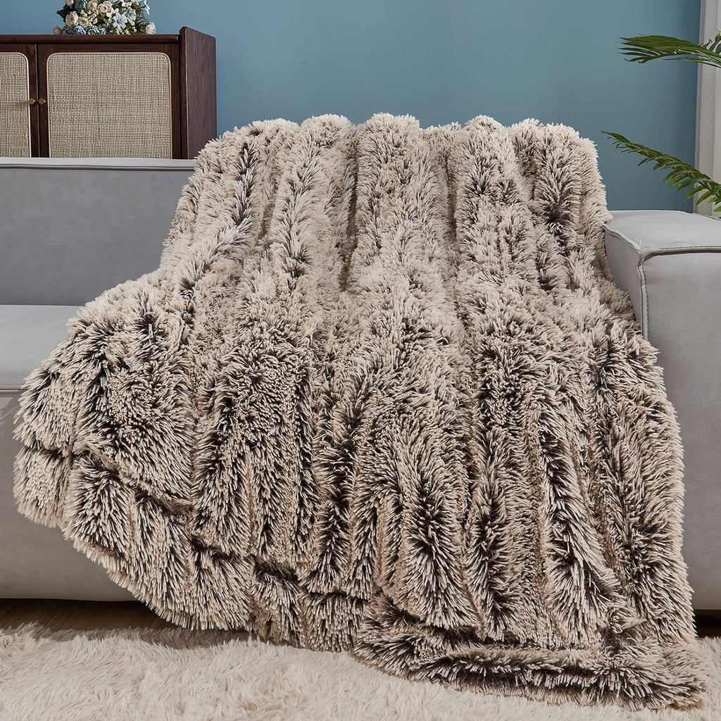 GONAAP Fuzzy Faux Fur Throw Blanket Twin Size Frosty Brown Super Soft Cozy Plush Fuzzy Shaggy Blanket for Couch Sofa Bed (Frosty Brown, Twin(60"x80"))