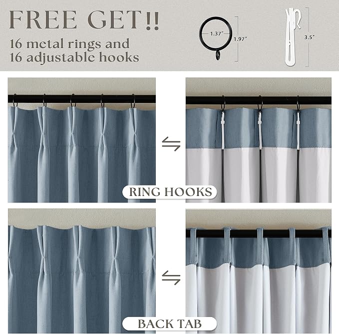 Blue Grey Pinch Pleated Full Blackout Curtains Linen 80 Inch Window Curtain | - Image 5