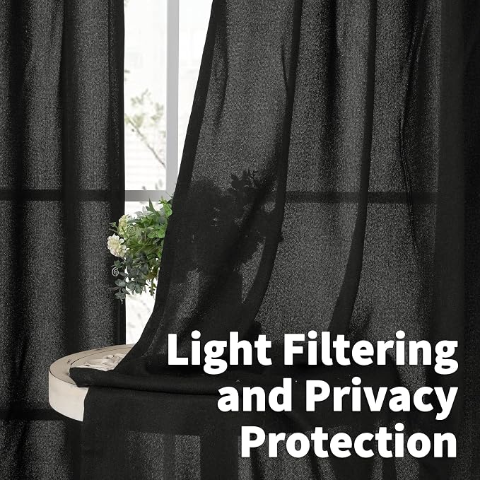 YoungsTex Black Linen Semi Sheer Curtains 54 Inch Length - Image 3
