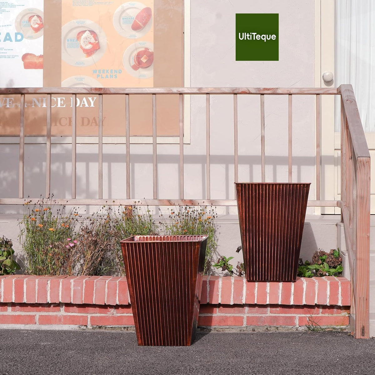 18in Vintage Handmade Metal Vertical Lines Copper Tapered Planters Set of 2, Galvanized Steel Planter Box with Drainage Hole for Indoor/Outdoor/Porch/Garden