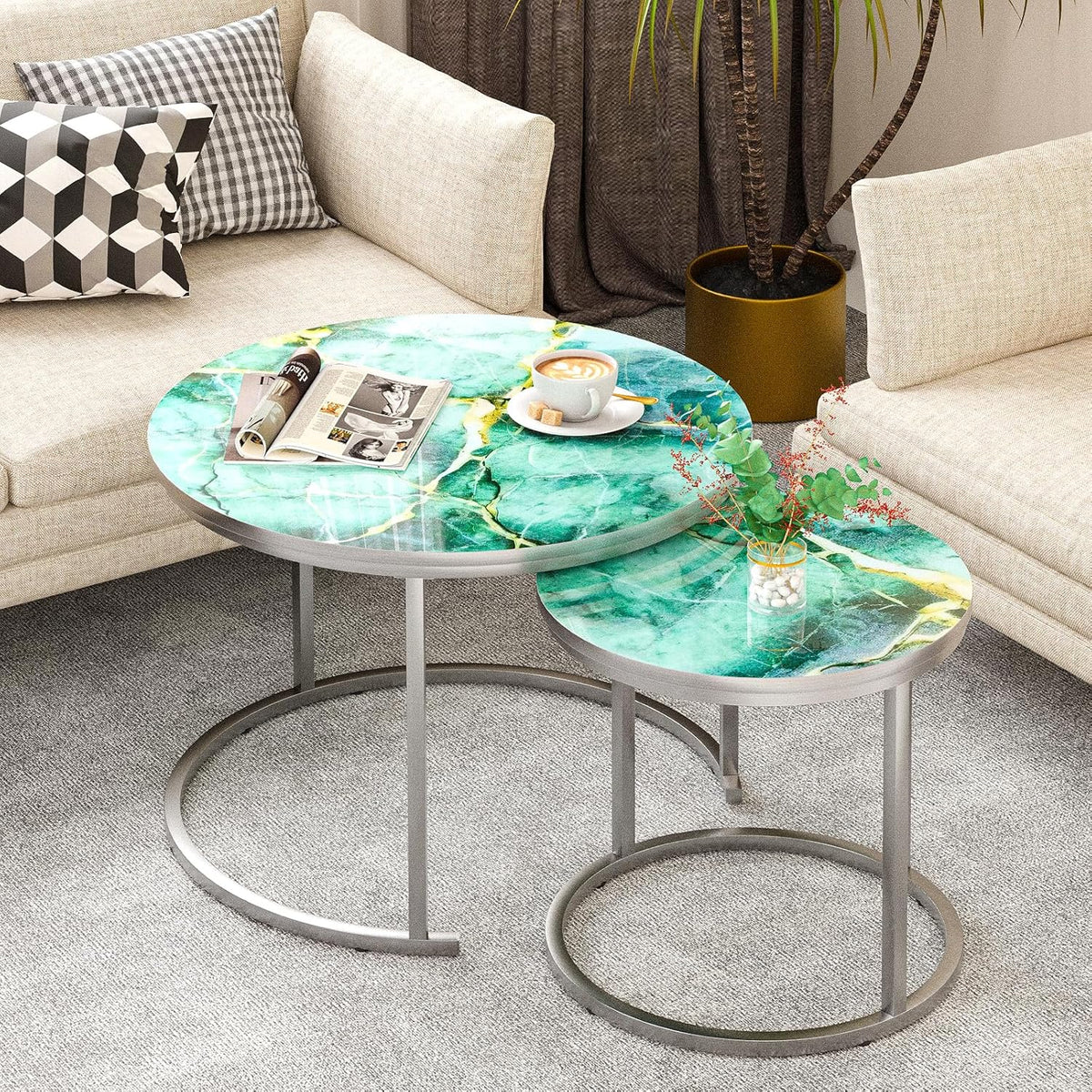 aboxoo Coffee Table Nesting Side Round Set of 2 End Table Green Art Table Top Sturdy Metal Frame Desk Centerpiece Living Room Bedroom Apartment Modern Industrial Simple Nightstand