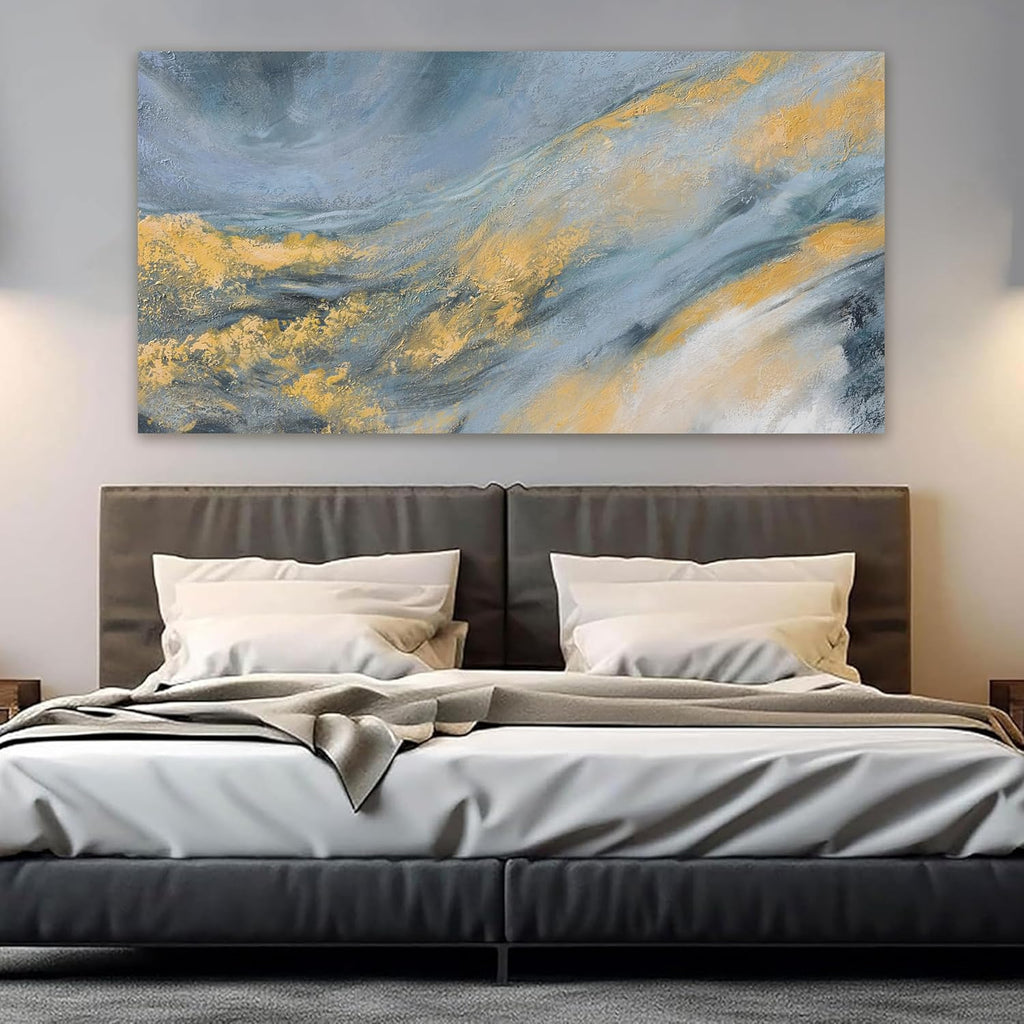 Abstract Wall Art Decor Large Modern Blue Wall Art Prints Canvas Wall Art for Living Room Abstract Canvas Art Wall Decor Gold Wall Art Decorations Artwork for Walls Kitchen Bedroom Decor 24" X 48"