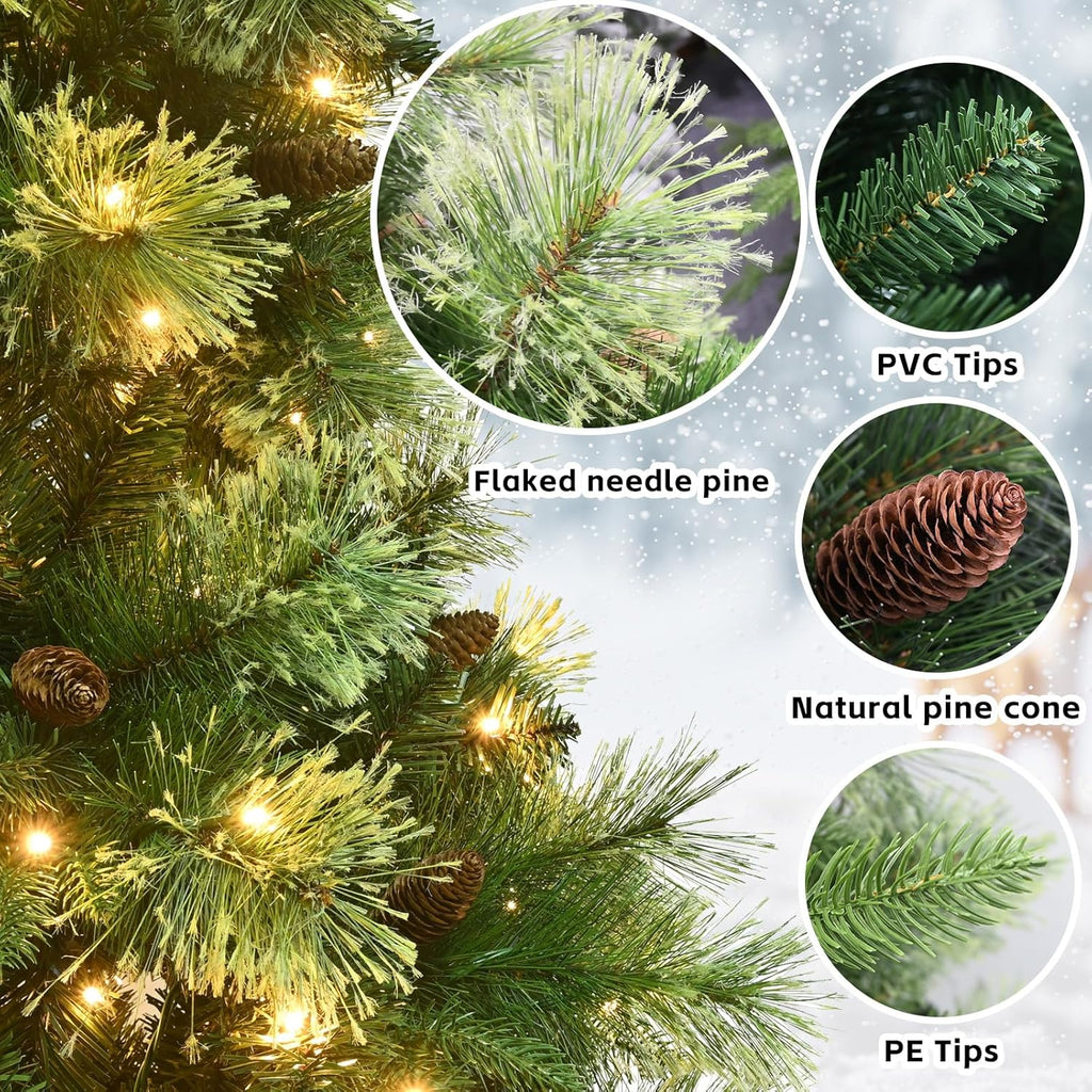 Kadunmina 7.5ft Prelit Christmas Tree, Artificial Carolina Pine Christmas Tree with 750 Warm White Lights, Pine Cones, 1645 Branch Tips and Metal Stand for Home, Office, Holiday Party Decoration