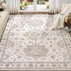 Washable Area Rugs for Living Room -10x13 Neutral Vintage Distressed Floral Farmhouse Boho Large Soft Floor Rug Indoor Non Slip Carpet for Living Room Bedroom Dining Room Office-Beige Brown
