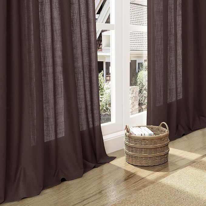 Coffee Linen Curtains for Living Room Back Tab Rod Pocket Semi Sheer Curtain 63 - Image 6