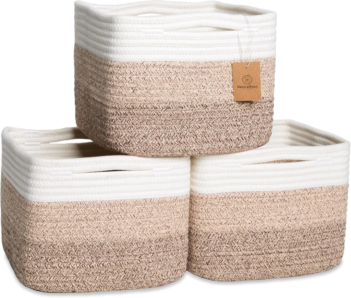 NaturalCozy Storage Cubes 9”x9”x7”Cotton Rope Woven Baskets for Organizing 3-Pack | 9 Inch Cube Storage Bin | Small Basket for Shelf Nursery, Pantry, Decorative Plant, Bathroom Closet, Toy Gift