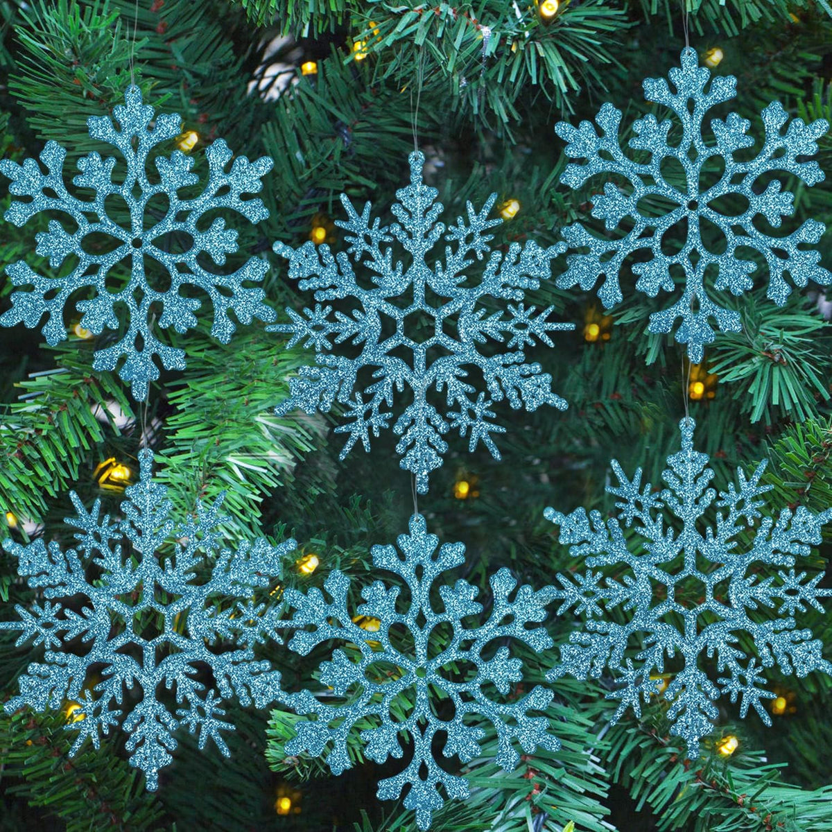 6pcs Large Snowflakes Ornaments Blue 12” Big Plastic Glitter Snowflake for Winter Indoor Outdoor Christmas Tree Window Room Decorations Giant Craft Snowflakes