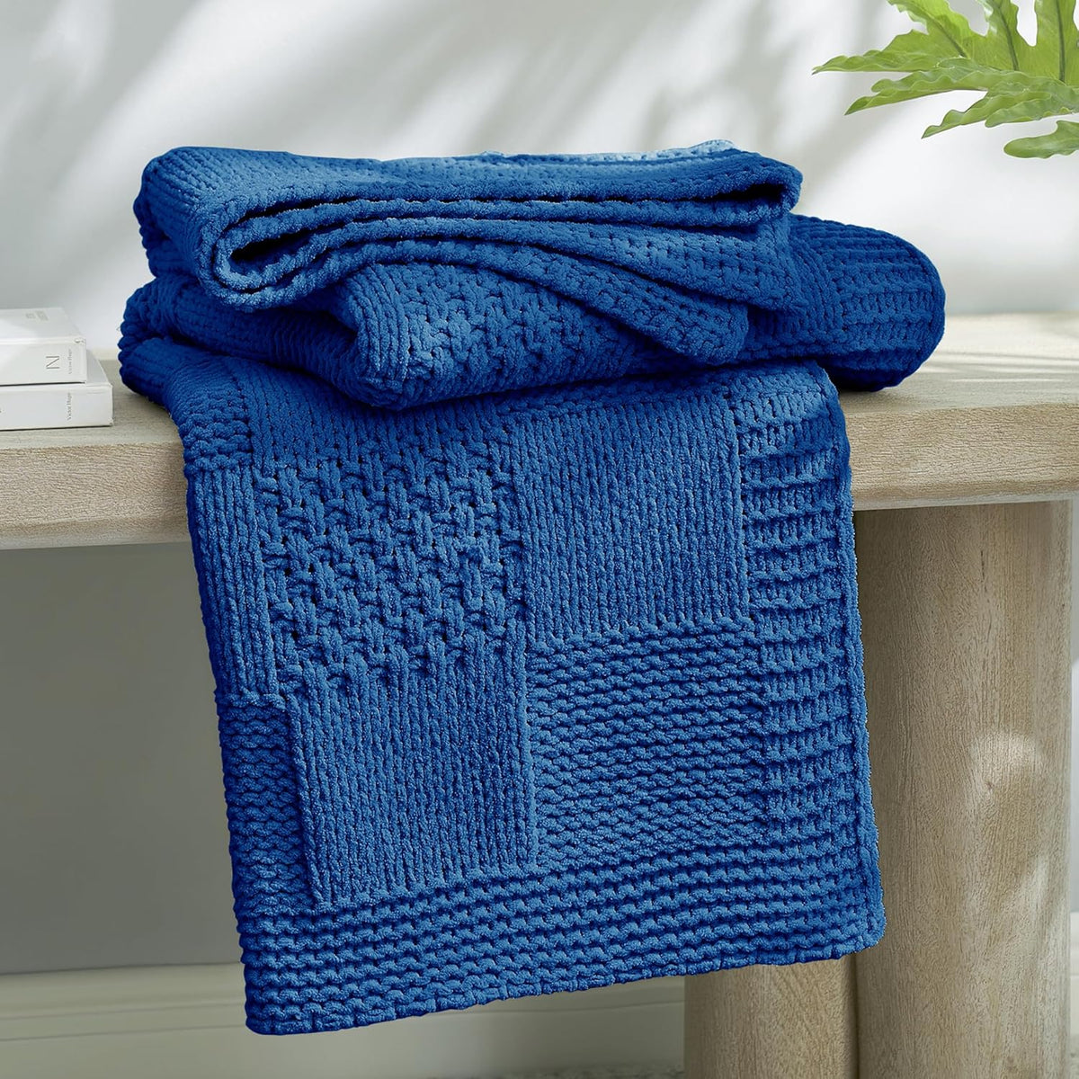 Amélie Home Chenille Knit Throw Blanket for Couch, Checkered Texture Decorative Soft Blanket for Sofa, Bed & Living Room, 50"x60", Blue