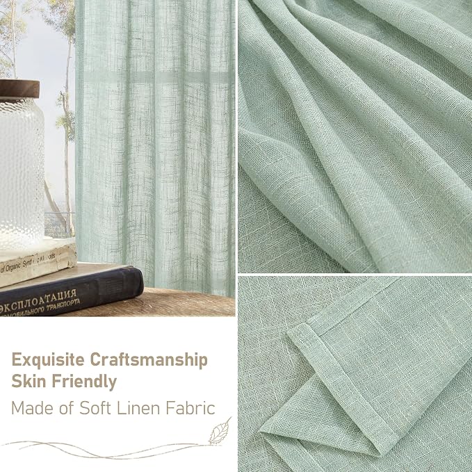 Short Linen Window Curtains 40 Inch Length 2 Panels, Light Sage | Semi Sheer - Image 6