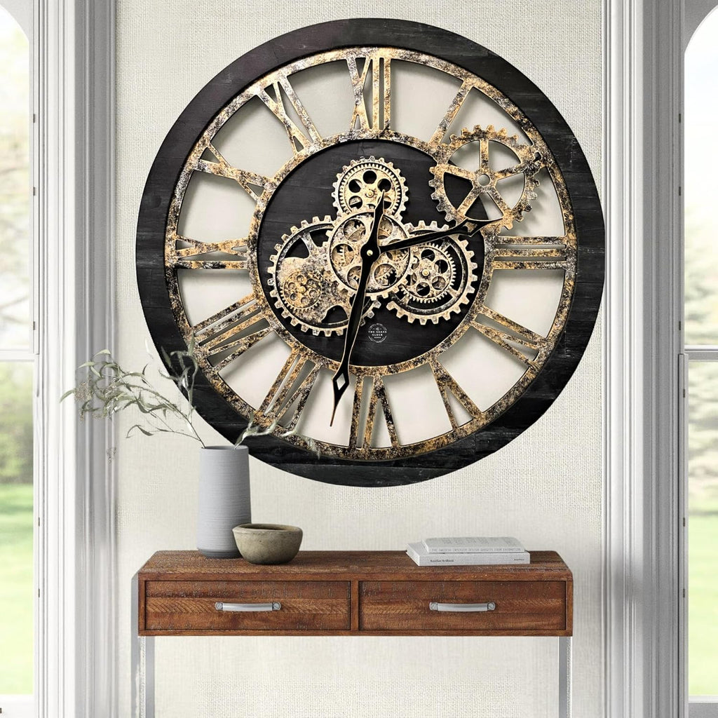 The Gears Clock The Original Real Moving Gear Wall Clock Vintage Industrial Oversized Rustic Farmhouse (24 inch (60cm), Vintage Black Wood and Bronze)