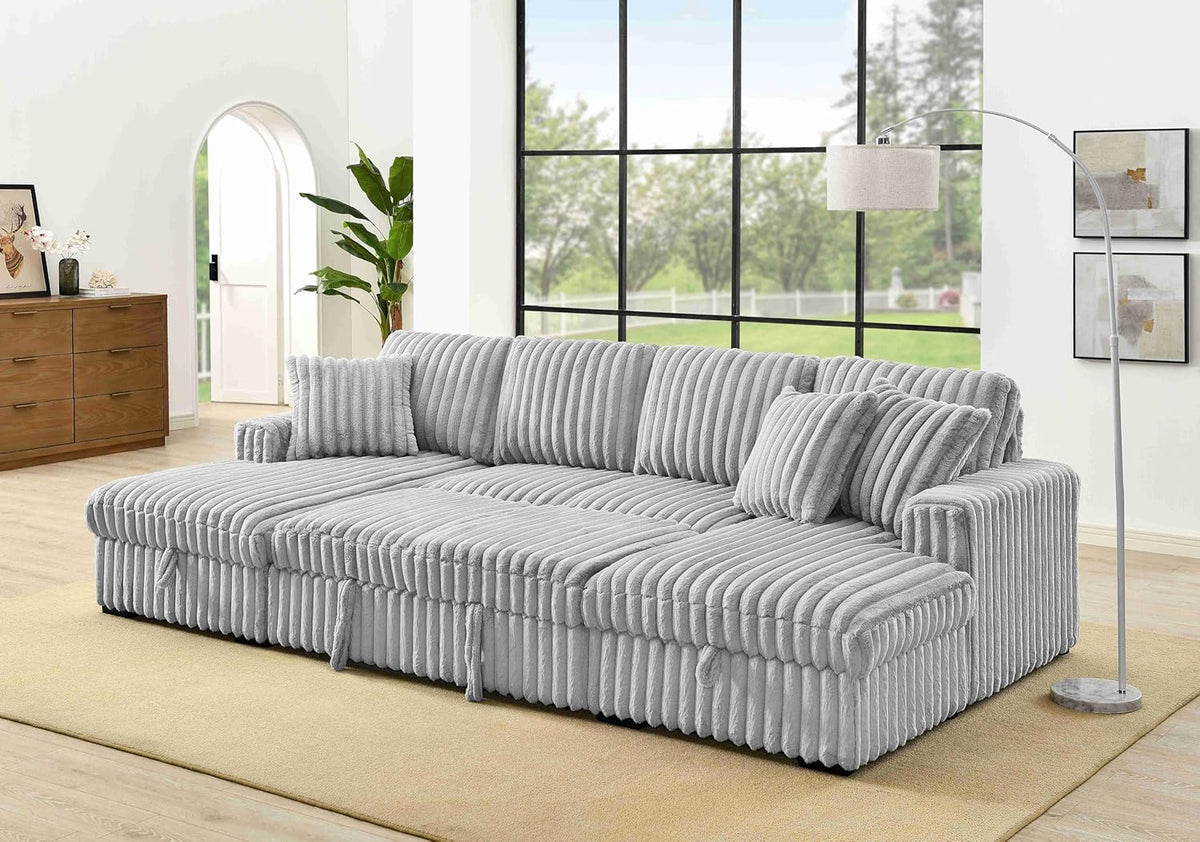 THSUPER Oversized U Shaped Plush Corduroy Fluffy Sectional Sleeper Sofa with Pull Out Bed and Double Storage Chaise for Living Room - Gray