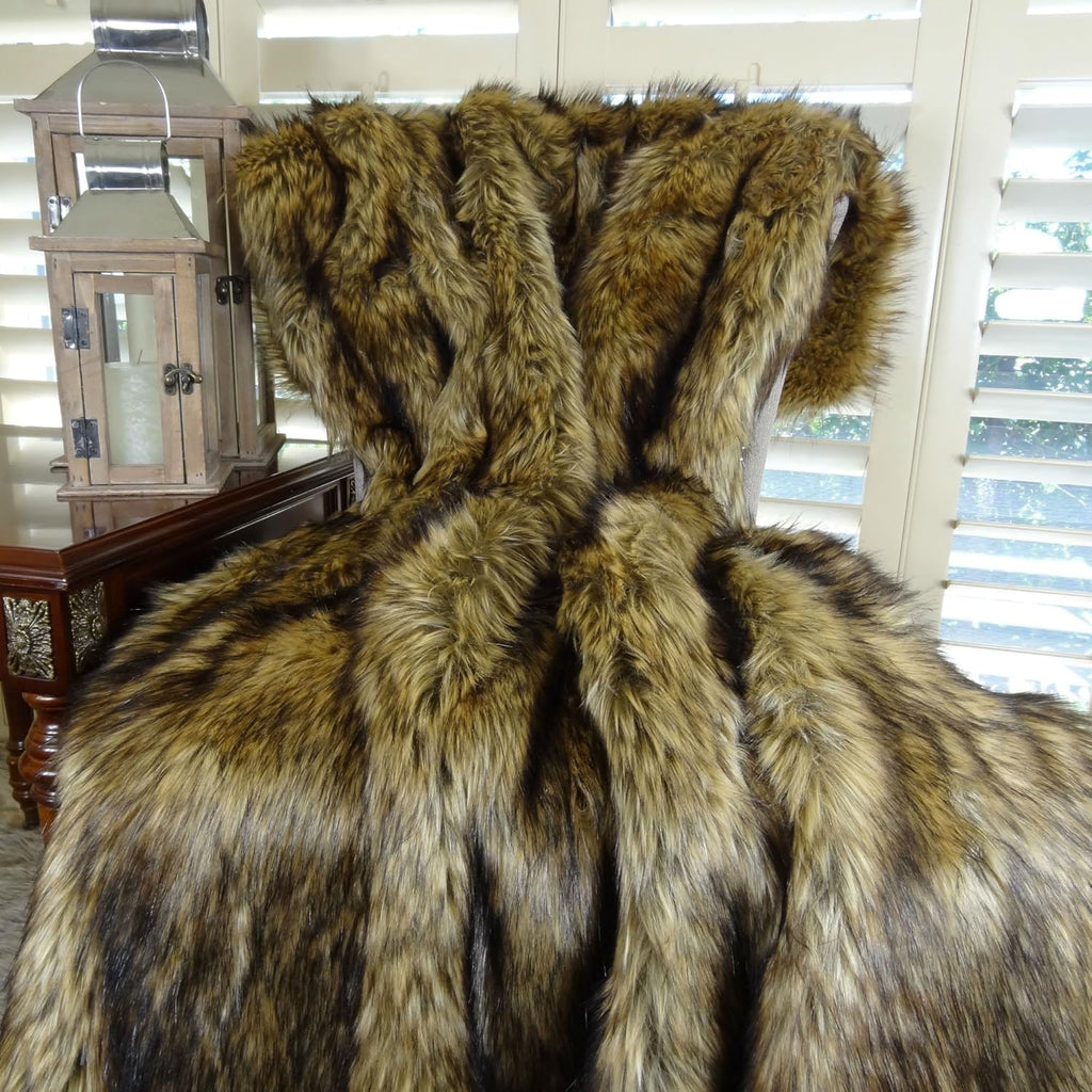 Brown Fur Throw Blanket and Bedspread - Brown Wolf Faux Fur - Light & Dark Brown Faux Fur - Luxury Throw Blanket & Bedspread, Handmade in US, 16406