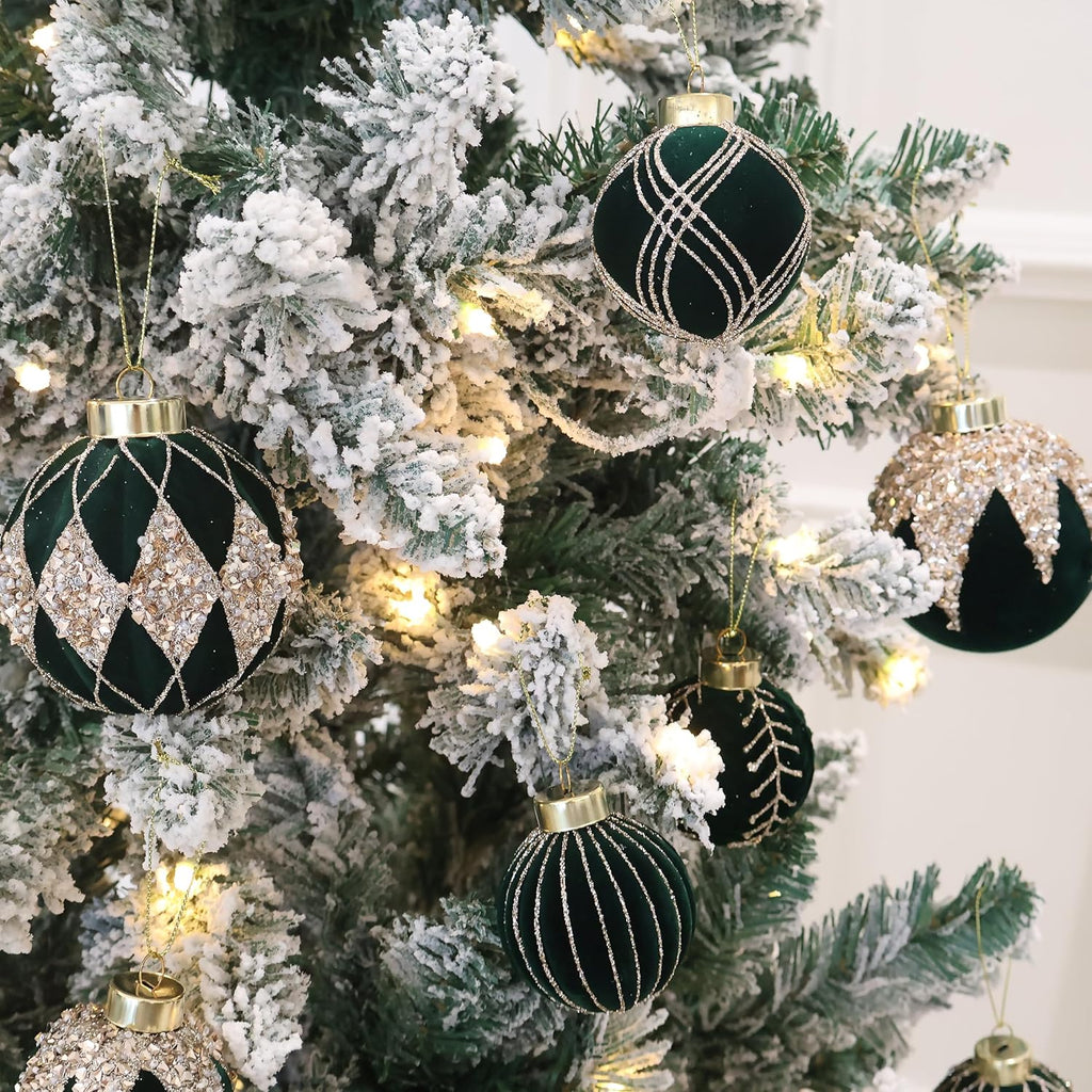 4inch Velvet Ornaments for Christmas Tree, 9PCS Glitter Flocked Christmas Ornaments Decorations Balls Set Decor Green