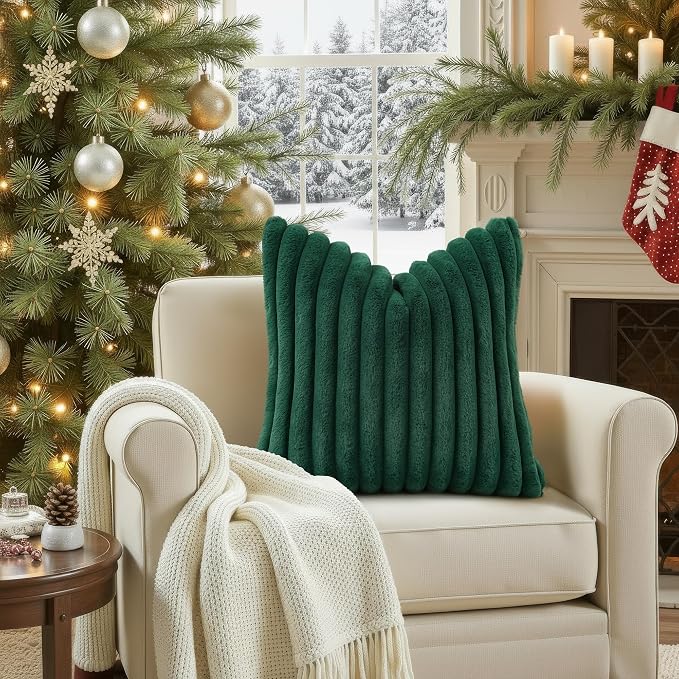 decorUhome Fall Faux Fur Throw Pillow Covers 24x24 Set of 2 Christmas Green | - Image 4