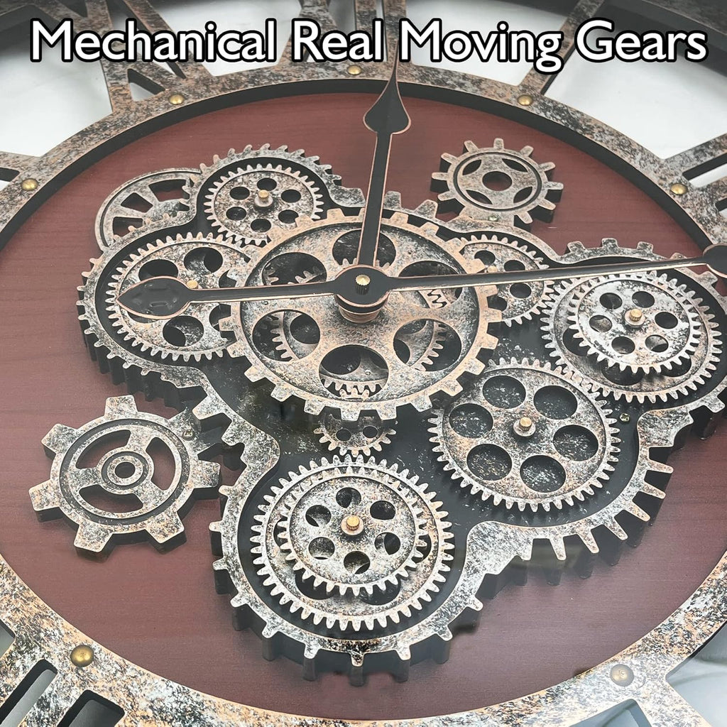 DORBOKER 30" Original Moving Gears Wall Clock, Large Industrial Wall Clock for Living Room Decor, Retro Wood Vintage Farmhouse Steampunk Rustic Clocks for Wall Decor,Black Walnut