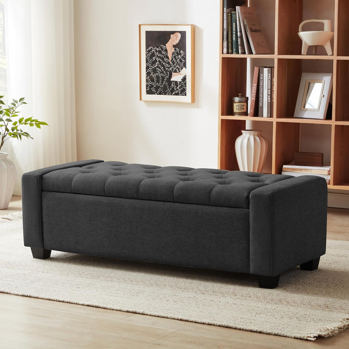 48" Ottoman with Storage, Storage Ottoman Bench with Safety Hinge, Upholstered Entryway Bench with Seating for Bedroom, Living Room, Holds up to 330 lb, Dark Gray