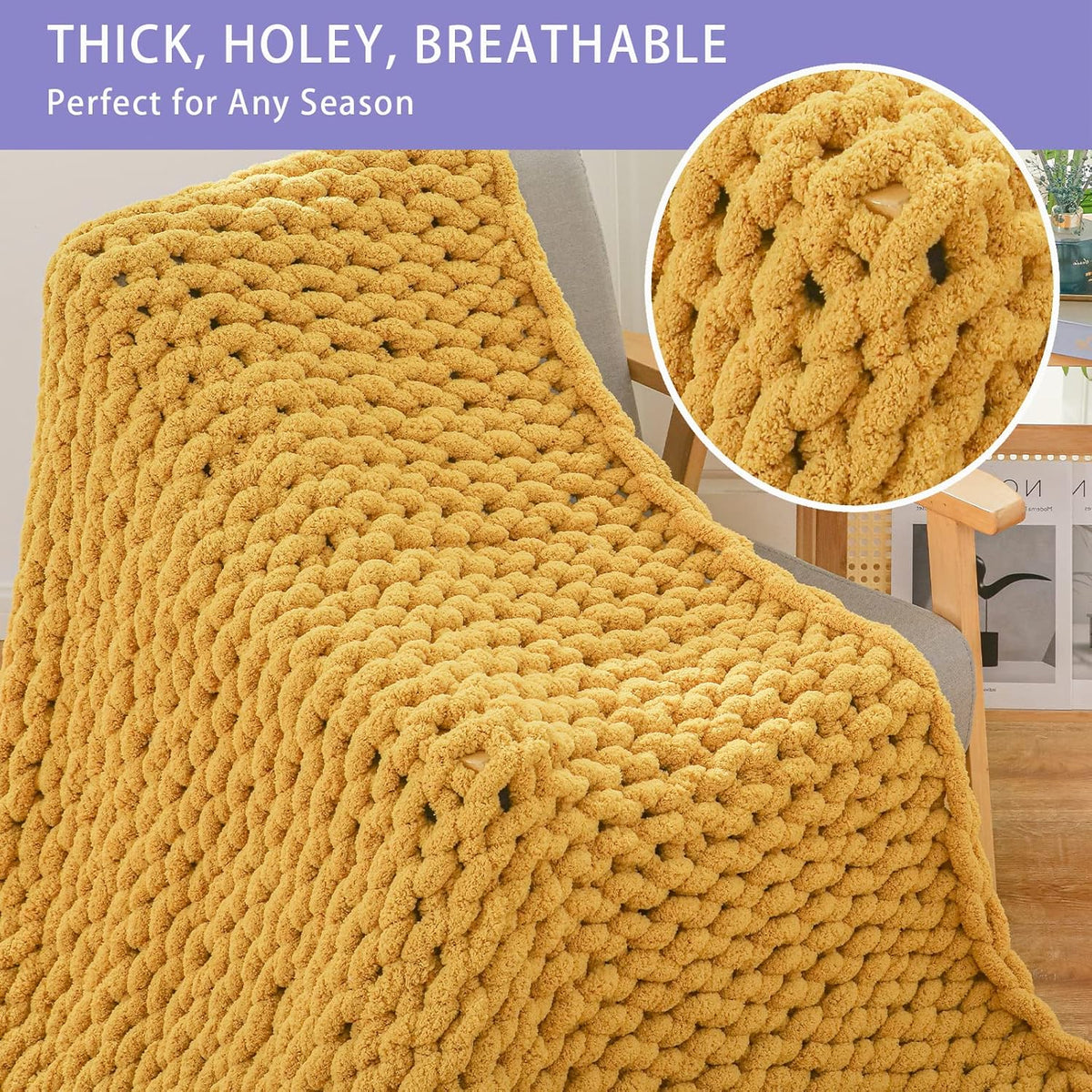 Bigacogo Chunky Knit Throw Blanket for Couch, 51x63 inches, 100% Hand Knitted with Thick Jumbo Chenille Yarn, Cozy Soft Large Rope Knot Cable Crochet Blankets for Sofa Bed Living Room, Mustard Yellow