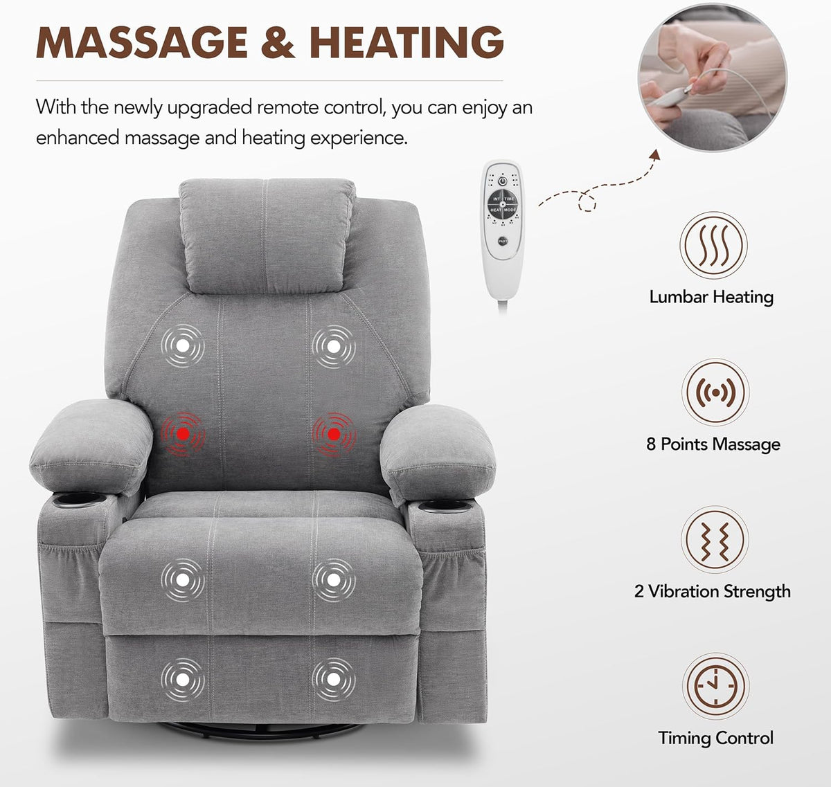 Swivel Rocker Recliner Chair with Heat and Massage, 360 Degree Swivel Recliner Chair with Cup Holders and USB Port, Big Oversized Rocking Single Sofa for Living Room (Fabric, Grey)