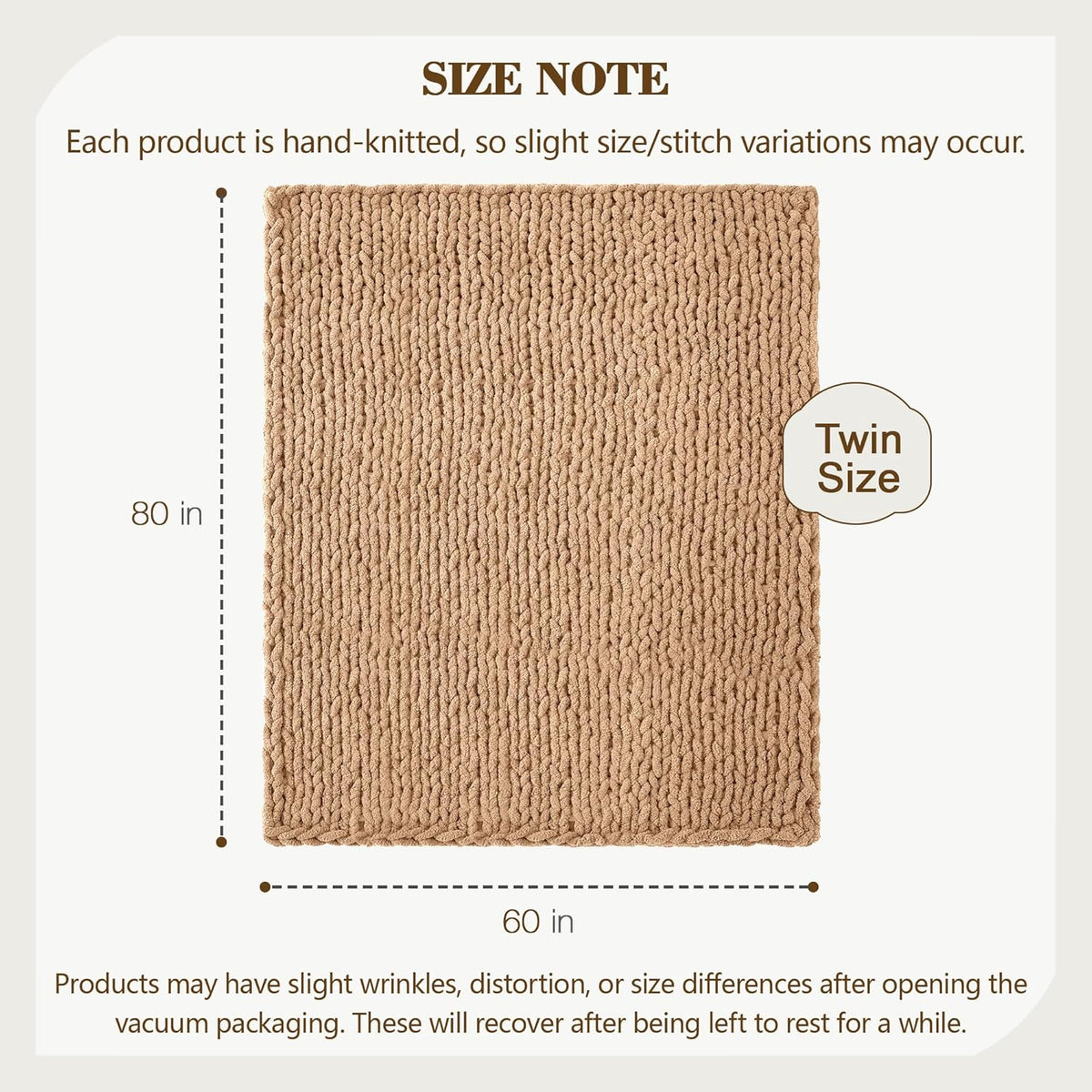 Carriediosa Chunky Knit Throw Blanket 60" X 80" Twin, 100% Hand Made Large Chenille Loop Yarn Soft Fluffy Throws for Couch Sofa Bed, Big Crochet Cozy Heavy Thick Cable Woven Blankets, Tan Brown