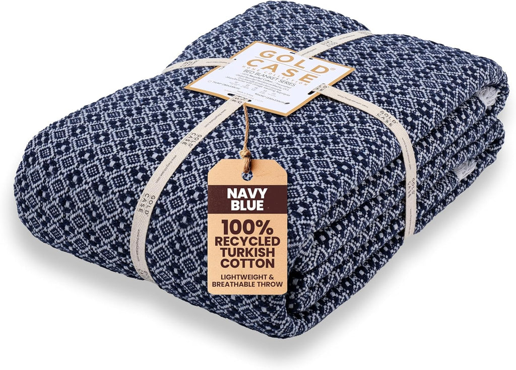 Gold Case Throw Blanket for Bed – 100% Recycled Turkish Cotton Bed Blanket – Decorative Throw Cotton Blankets for Living Room & Bedroom – Retro Navy Blue Woven Queen Blankets – 90x90