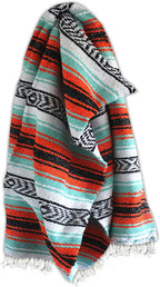 Del Mex Classic Mexican Blanket, Large Authentic Woven Falsa Throw (70"x50"), Artisan Southwest Décor for Beach, Yoga, Outdoors (Mint/Orange)