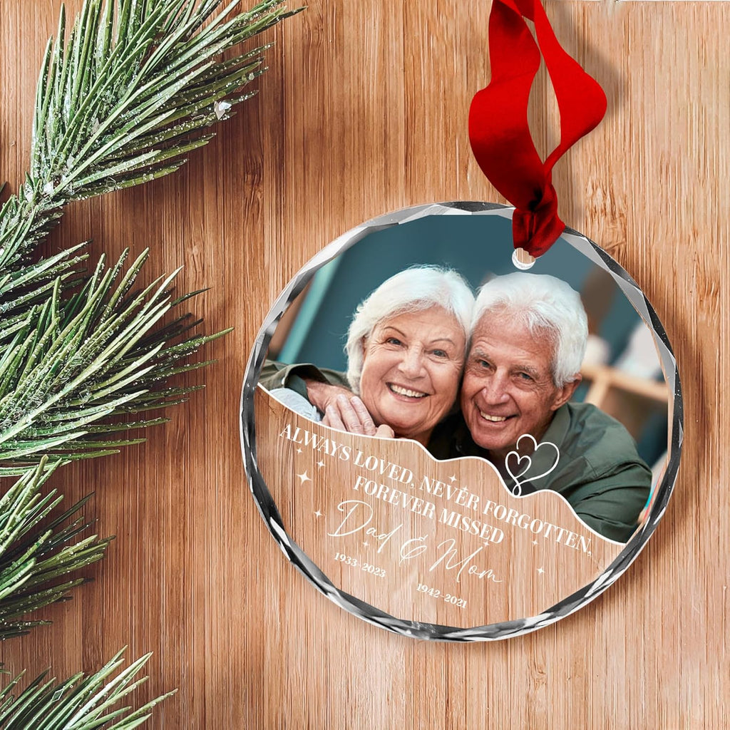 Personalized Memorial Ornament for Dad & Mom – Custom Photo Suncatcher with Names & Dates – Always Loved Never Forgotten – Loss of Parents Christmas Ornament – Remembrance Gift for Family