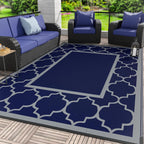GENIMO Outdoor Rug 9' x 12' Patio Waterproof, Foldable Reversible Plastic Straw Area Rugs Mat for Camper Decor, Outside Carpet for Rv, Deck, Porch, Picnic, Beach, Balcony, Blue & Grey