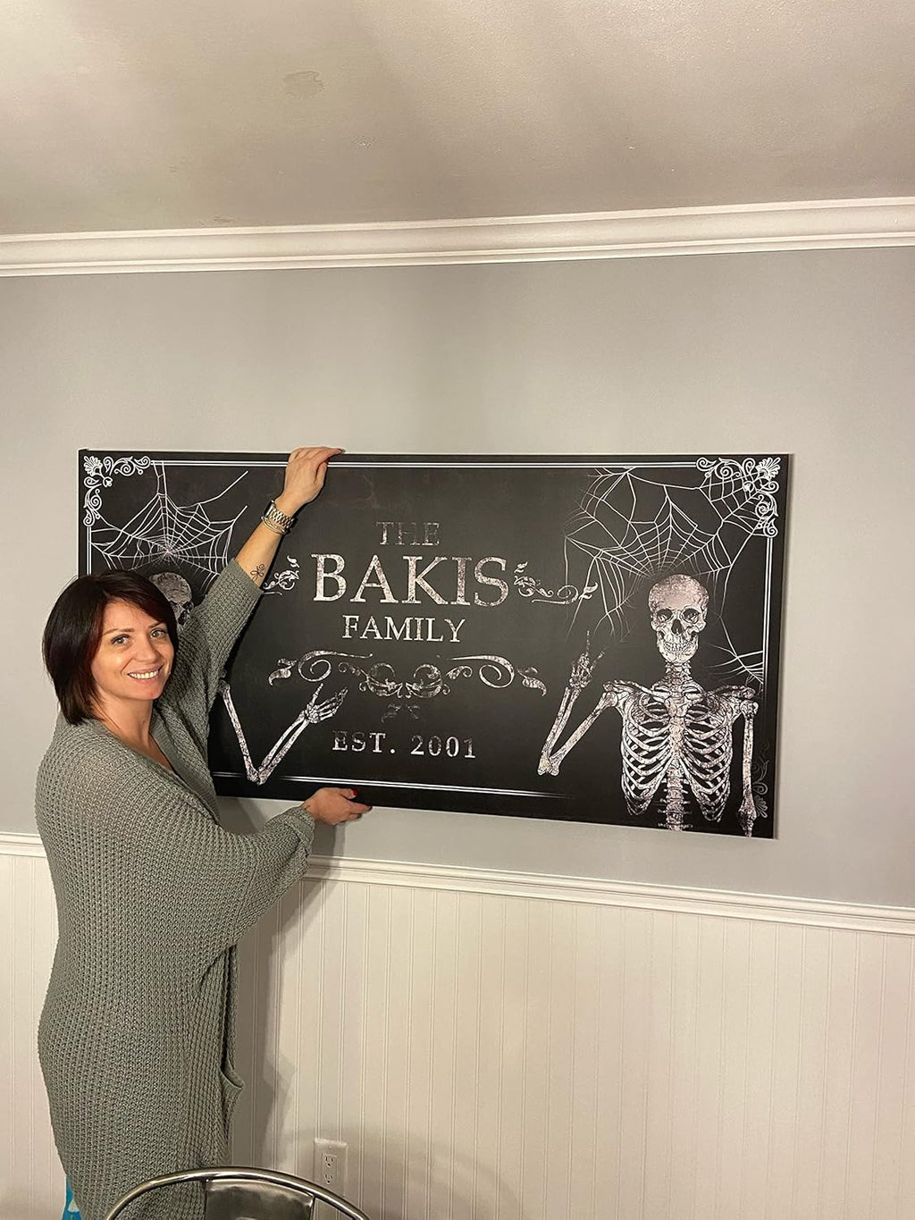 Tailored Canvases Gothic Family Wall Decor - Personalized Grunge Vintage Skeleton Room Decor for Home, Halloween Lovers, Men & Women for Bedroom, Living Room - Custom Couple Name, White Print, 36"x12"