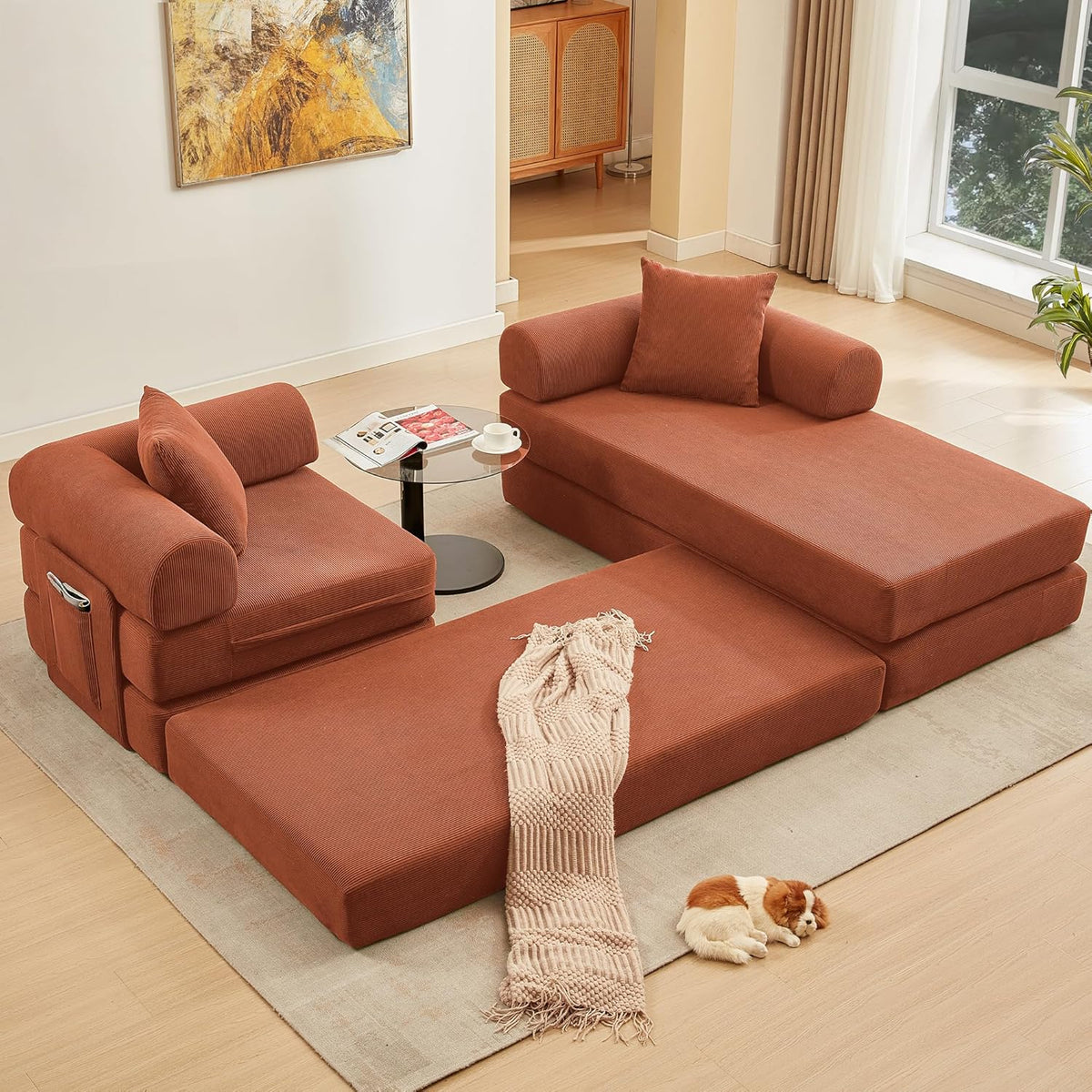 107" Oversized Convertible Sleeper Sofa Bed, Corduroy L Shape Sectional Couch, Folding Sofa Bed with Side Pocket, Modern Cloud Floor Mattress Couch, Modular Sofa for Living Room, Orange